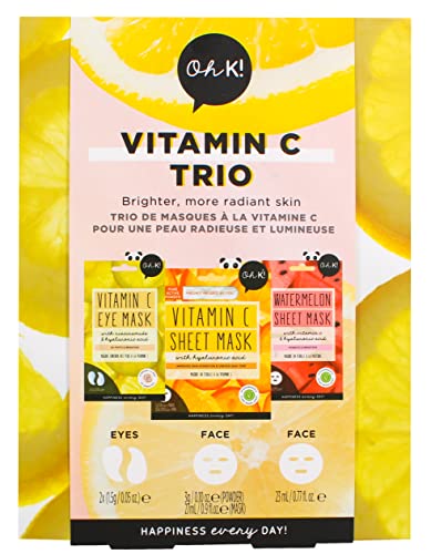 Oh K! Vitamin C Trio, Vegan and Cruelty Free Pamper Gift Set with Face Masks and Eye Mask, for Brightening and Evening Skin Tone, Watermelon and Vitamin C, 3 Piece
