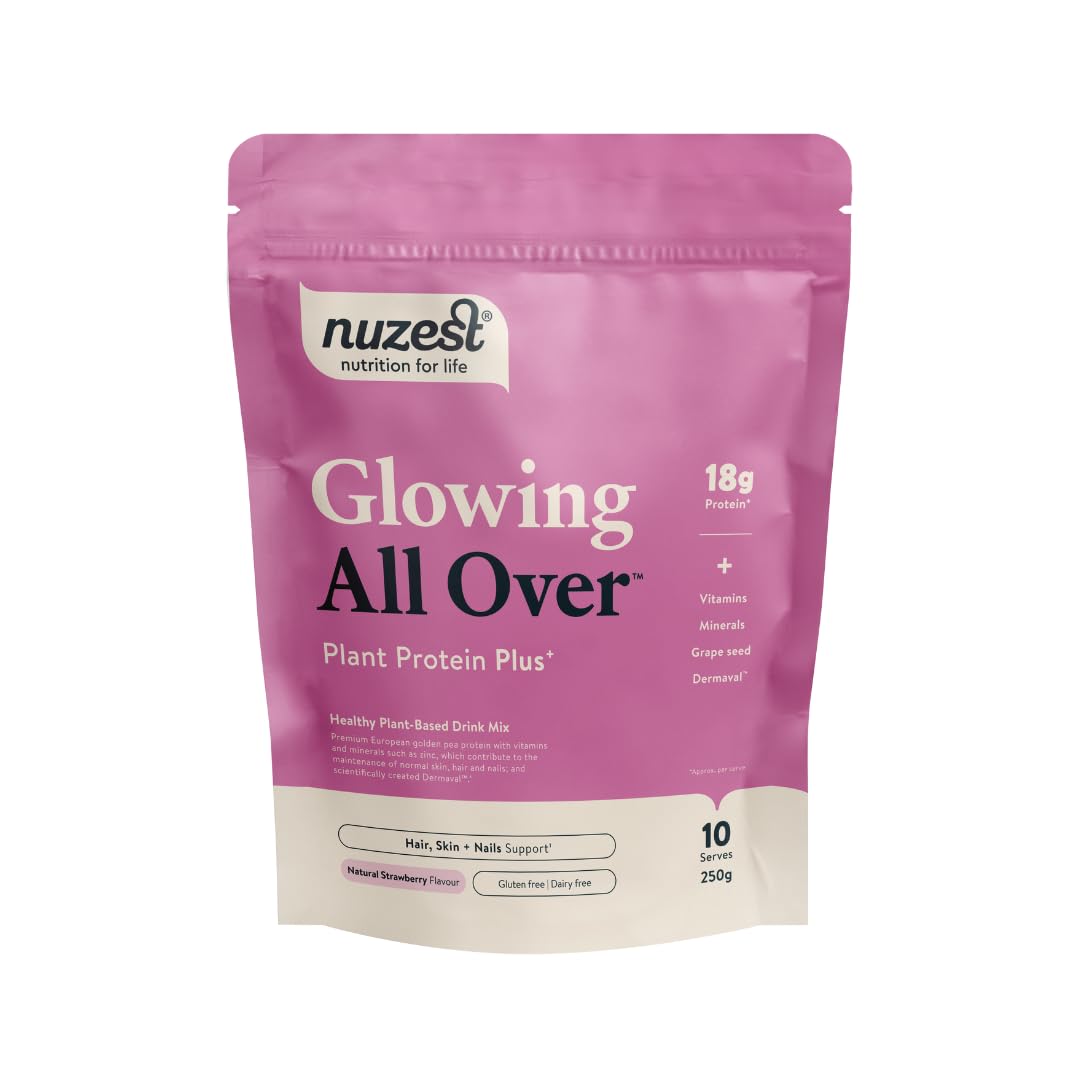 Nuzest Protein Plus | Glowing All Over | Strawberry | Support of Healthy Hair, Skin, Nails and Collagen Production | Vitamins and Minerals | 250g (10 Servings)