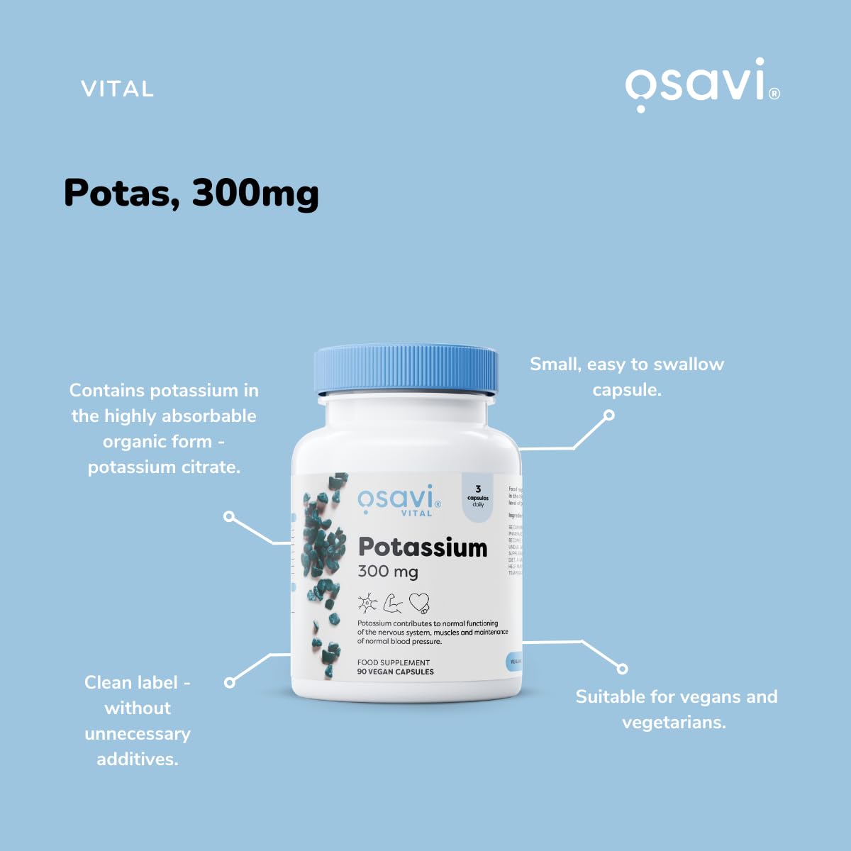 OSAVI Osavi Potassium 300mg – 90 Vegan Capsules | Highly Absorbable Potassium Citrate for Nervous System, Muscle Function, and Blood Pressure Support | Clean Label, Vegan Friendly