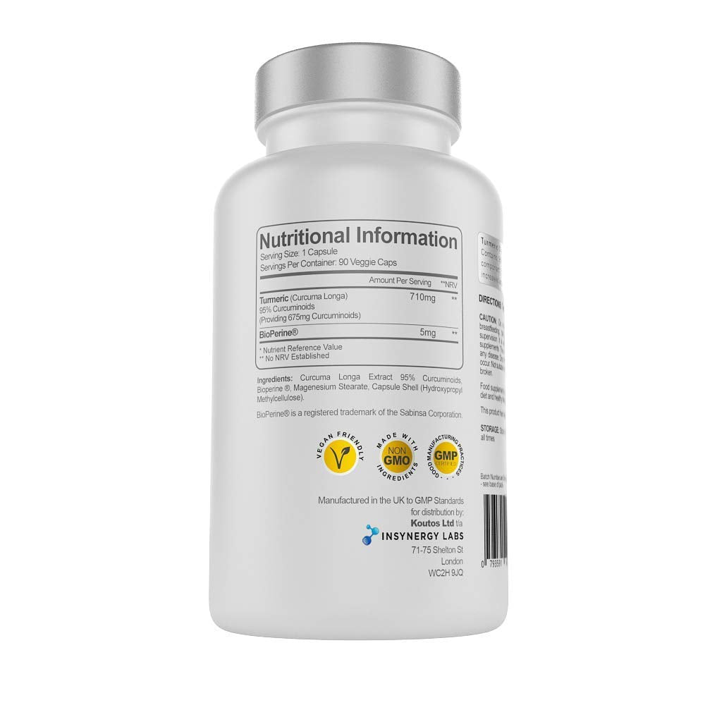 Insynergy Labs Ultra Premium Pure Turmeric Extract Capsules | Highest Strength in The UK | Pure Turmeric Curcumin Capsules and Black Pepper (Bioperine) | 3 Month Supply Vegan Capsules