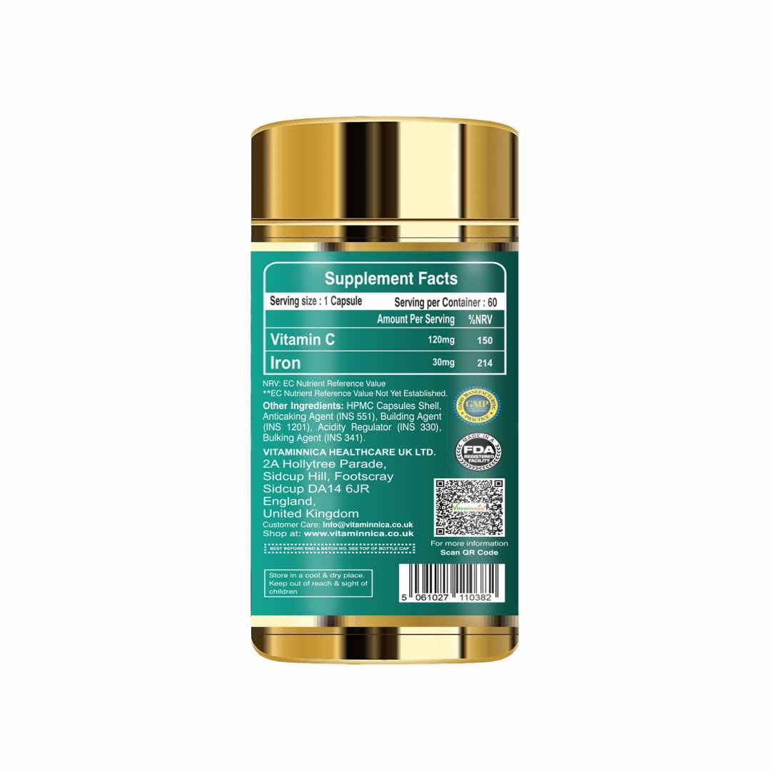 Vitaminnica Because your Health Matters Vitaminnica Iron Glycinate with Vitamin C | Pack of 60 Capsules | Healthy Iron Level for Men & Women