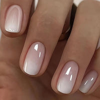 MouyouGlow Short False Nails, Square Pink Gradient White Chrome Glazed Donut Hailey Bieber Press on Nails with Glue, Natural Pink Ombre White Solid Fake Nails