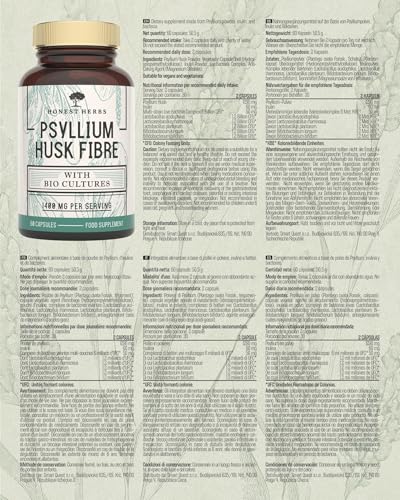 Honest Herbs Psyllium Husk Capsules with Probiotics - Fibre Supplement Complex 1400mg - 60 Capsules - 6 Billion Probiotics 5 Strains