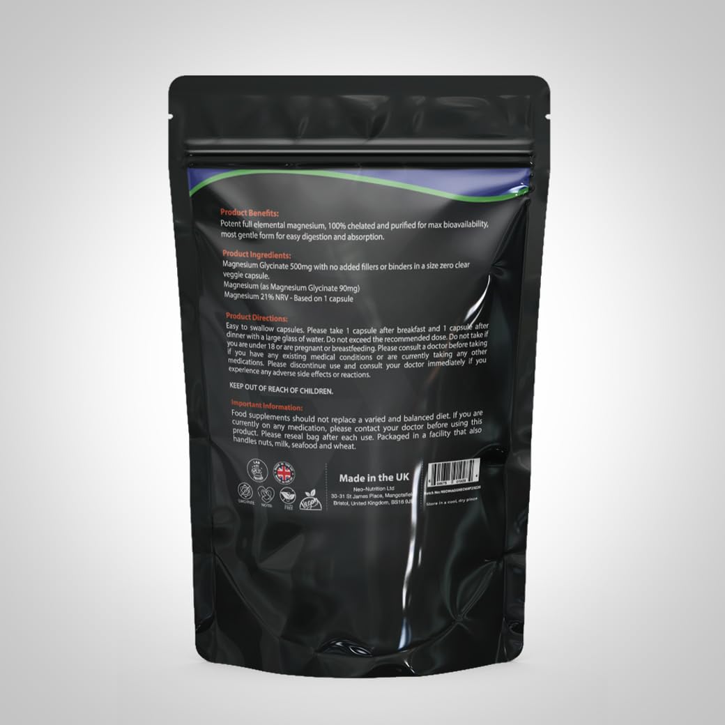 NEO-NUTRITION Magnesium Glycinate Supplement - 1000mg of Magnesium - 60 High Strength Capsules Providing 180mg Elemental Per Serving no fillers or Binders