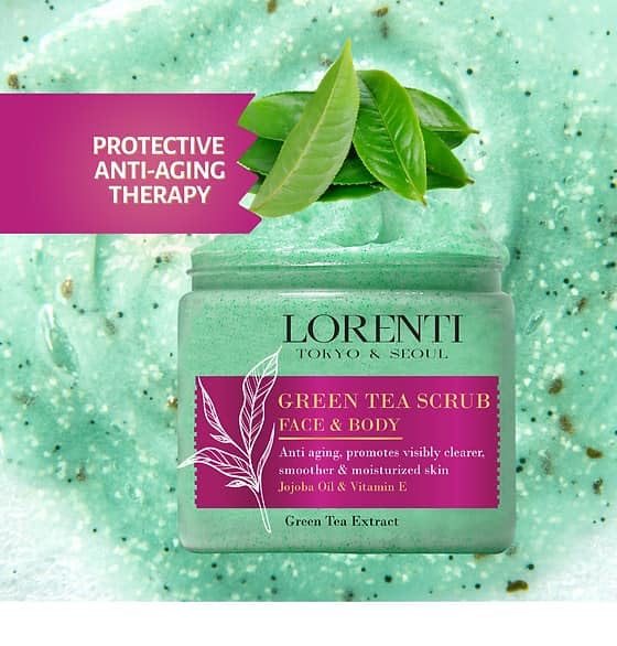 Lorenti Green Tea Scrub 500 ML Face & Body | Jojoba Oil & Vitamin E Anti Celulite, Anti Aging Smoother & Moisturizes