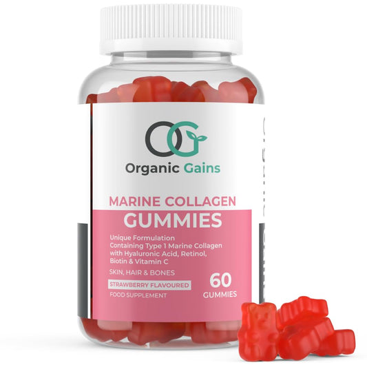 Organic Gains OG Marine Collagen Gummies with Hyaluronic Acid, Retinol, Biotin and Vitamin C + E | Superior Type 1 Hydrolysed Collagen Peptides Formulated by UK Healthcare Practitioners for Youthfulness