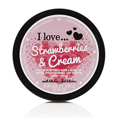 I Love Strawberries & Cream Body Butter, Made With 87% Naturally Derived Ingredients Including Shea Butter & Coconut Oil For Soft & Hydrated Skin, Moisturising & Lightly Scented, Contains Natural Fruit Extracts, VeganFriendly 200ml
