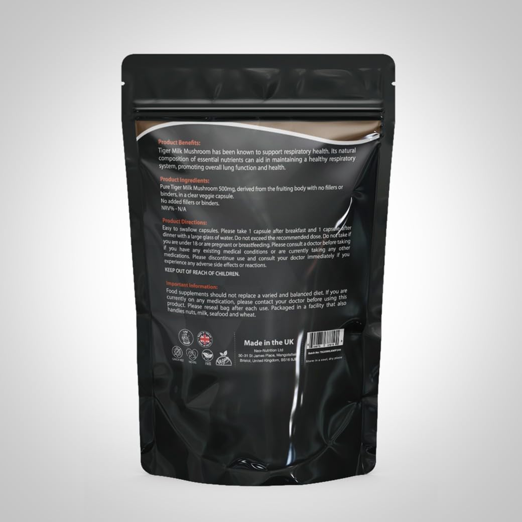 Tiger Milk Mushroom Capsules 500mg | High Strength | Pure & Natural Supplement | No Fillers or Binders | Vegan | Cognitive & Immune Support | UK NEO