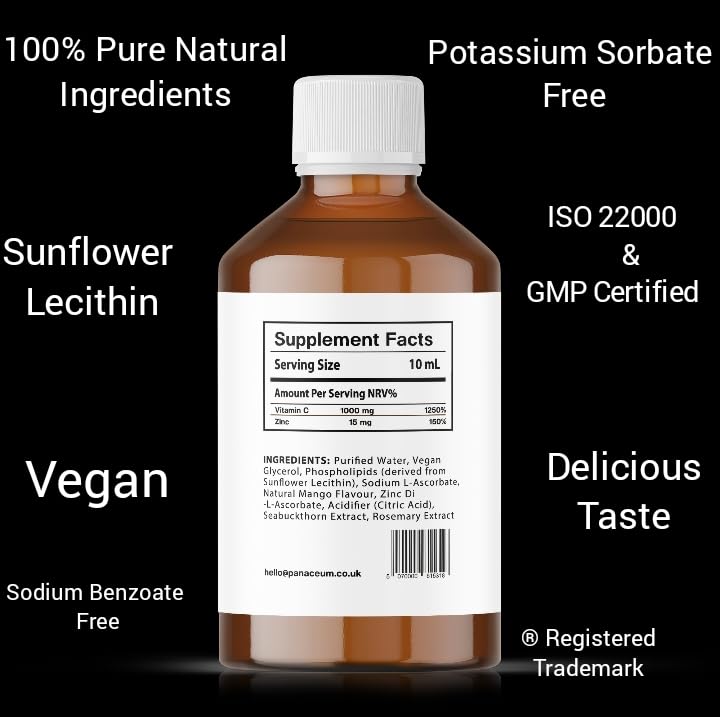 Panaceum Pure Liposomal Vitamin C & Zinc | 250ml Liquid Antioxidant Immune Booster | Liver Skin Iron Absorption Support | Increase Energy | Reduce Tiredness Vegan Gluten Soy Alkohol Free | UK Brand