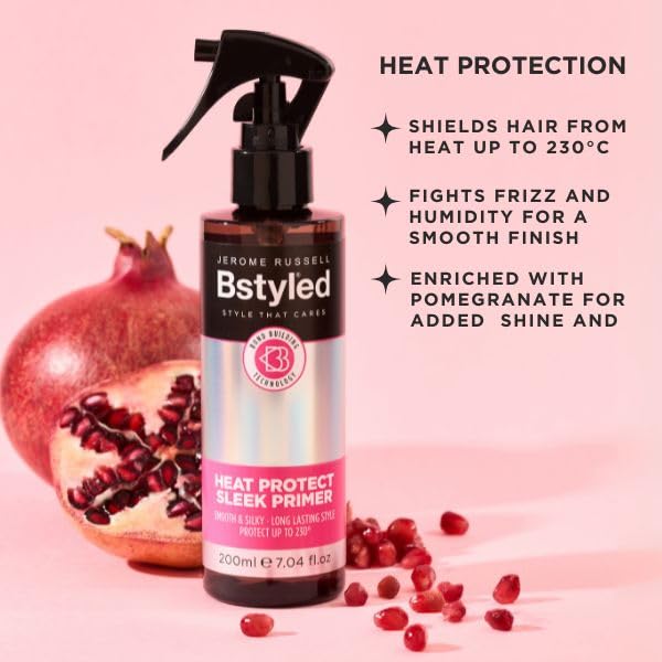Jerome Russell BStyled Heat Protect Sleek Primer – Heat Protection Spray Up to 230°C | Anti-Frizz, Anti-Humidity & Bond Building Hair Care | Lightweight Vegan Formula for Smooth Hair | 200ml
