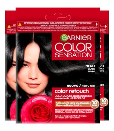Garnier Color Sensation Color Retouch Permanent Hair Color for Regrowth Covers 100% of Gray Hair Easy Application Black Color - 3 Tints