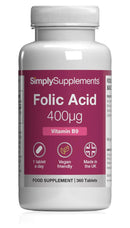 Simply Supplements Folic Acid 400µg (Vitamin B9) | Supports Maternal Folate Status | Suitable for Vegans & Vegetarians | 360 Tablets = 12 Months' Supply | Pregnancy Care | Manufactured in The UK