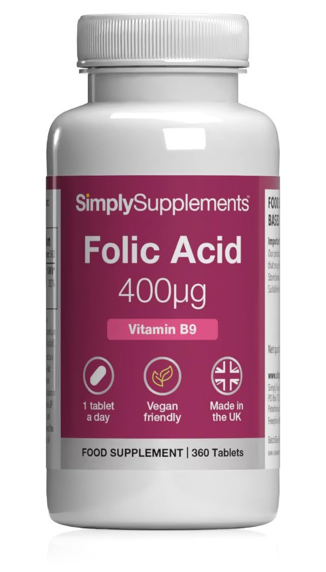 Simply Supplements Folic Acid 400µg (Vitamin B9) | Supports Maternal Folate Status | Suitable for Vegans & Vegetarians | 360 Tablets = 12 Months' Supply | Pregnancy Care | Manufactured in The UK