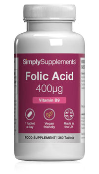 Simply Supplements Folic Acid 400µg (Vitamin B9) | Supports Maternal Folate Status | Suitable for Vegans & Vegetarians | 360 Tablets = 12 Months' Supply | Pregnancy Care | Manufactured in The UK