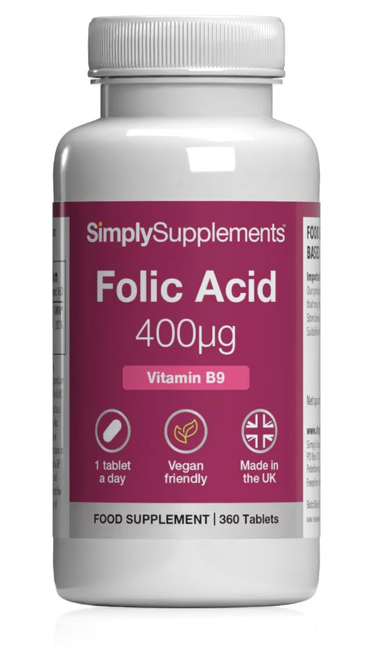 Simply Supplements Folic Acid 400µg (Vitamin B9) | Supports Maternal Folate Status | Suitable for Vegans & Vegetarians | 360 Tablets = 12 Months' Supply | Pregnancy Care | Manufactured in The UK