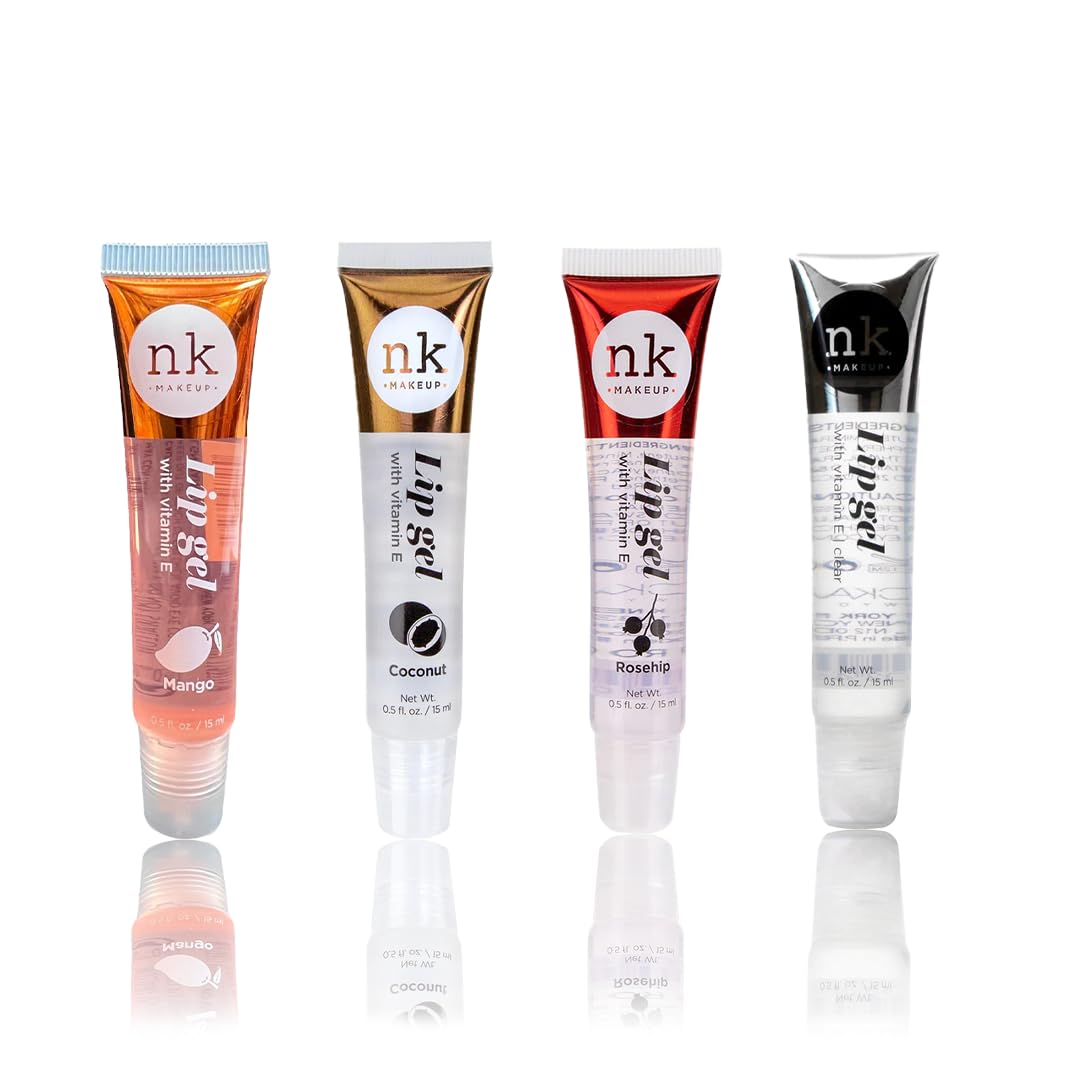 NK lip gloss gel 15ml Vitamin E, Shiny, Nourishes, Mango, Coconut, Rosehip and Clear flavoured by Nicka K (Multi Pack Of 4).