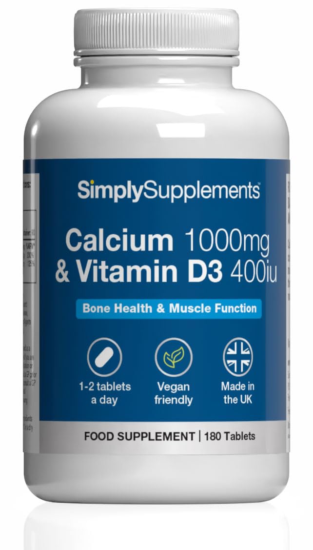 Calcium 1000mg & Vitamin D3 400iu | Supports Bone & Teeth Health | Contributes to Normal Muscle Function | Vegan & Vegetarian Friendly | 180 Tablets = 3 Months’ Supply | GMP-Certified & UK-Made
