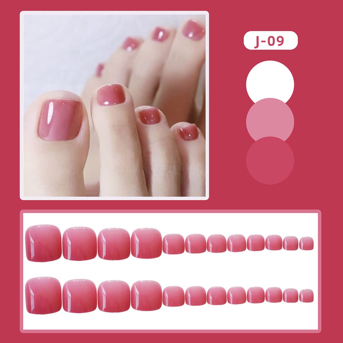 Cubahop 24pcs French Square Glitter Powder Fake ToeNails Nude False Toenails Glossy Pink White Toe Nail Tips for Women and Girls (Red 1)