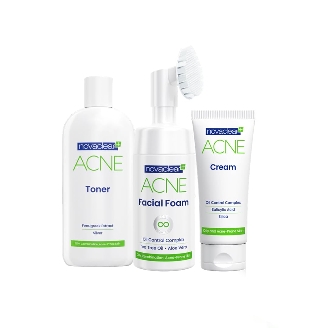Novaclear Acne kit, Breakout Fighting Bestsellers-Facial acne set, Exfoliating & Treatment-Reduce Blemishes, Enlarged Pores & Blackheads - with Salicylic, Azelaic Acid and Tea Tree - All Skin Types