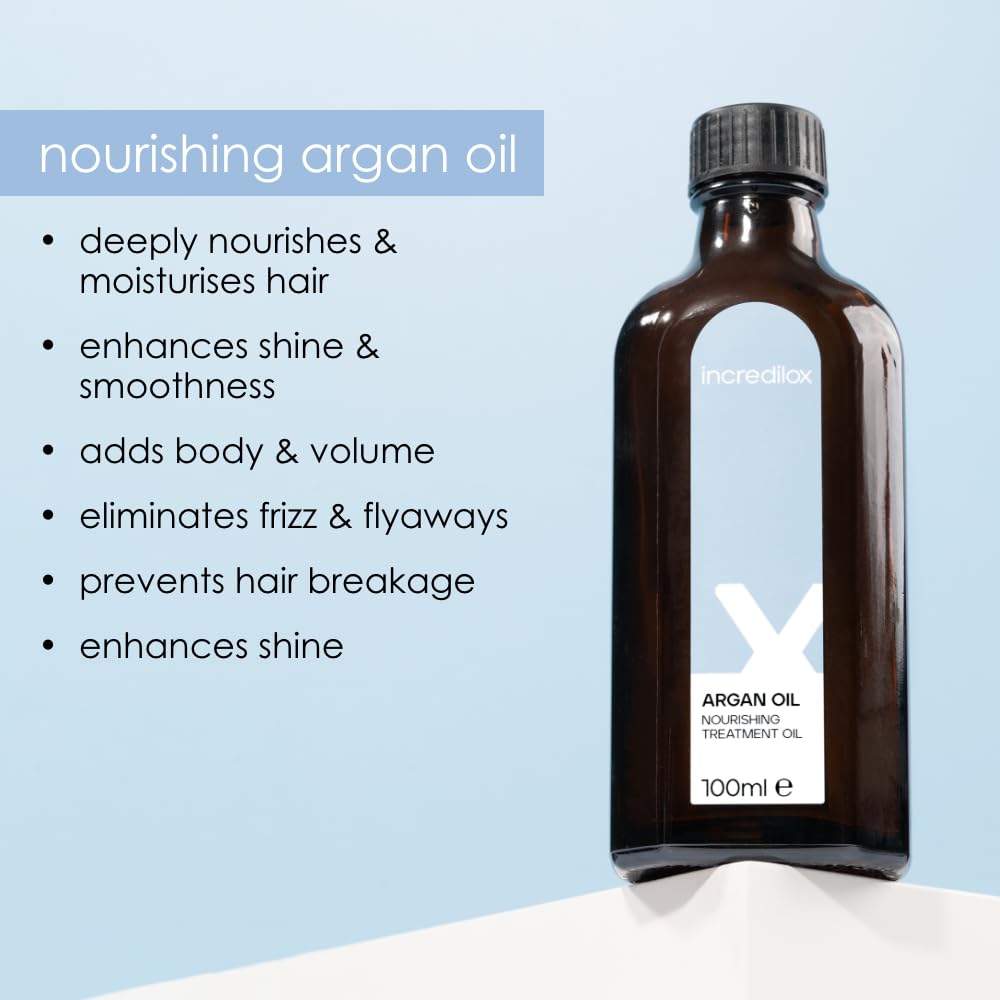 Incredilox Nourishing Argan Hair Treatment Oil 100ml. Rich in Vitamin E, essential fatty acids & antioxidants. For nourished.silky, shiny & healthy locks. Cruelty-free. Vegan-friendly. All hair types.