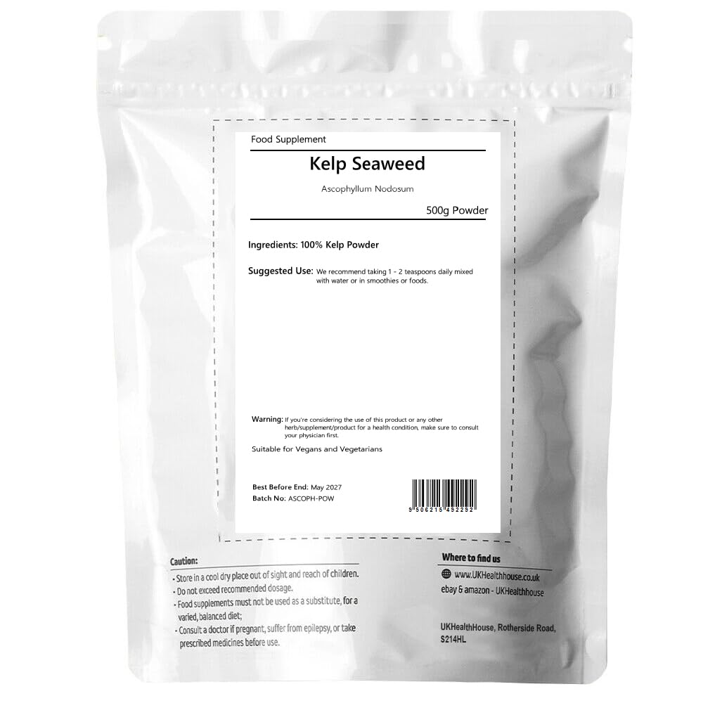 UKHealthHouse Sea Kelp Vegan Powder | Natural Source of Iodine | Premium Ingredients | Iodine Supplement from Wild Grown Sea Kelp Pure Iodine Kelp (500g)