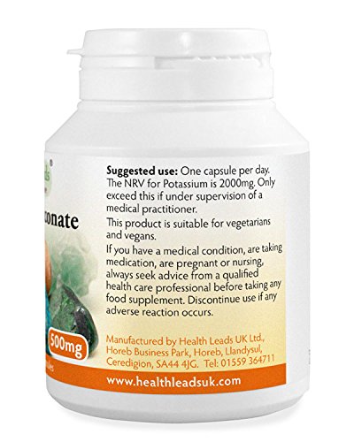Health Leads ...Working With Nature Potassium Gluconate 500mg x 90 Capsules (100% Additive Free Supplements)