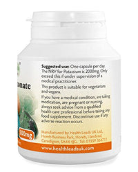 Health Leads ...Working With Nature Potassium Gluconate 500mg x 90 Capsules (100% Additive Free Supplements)
