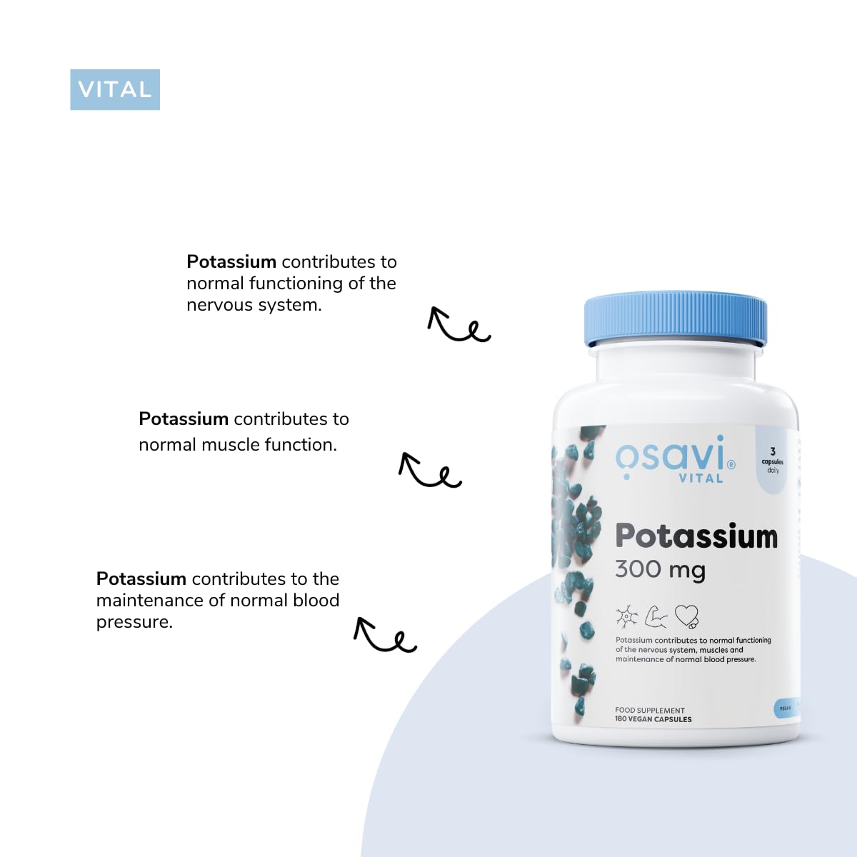 OSAVI Osavi Potassium 300mg – 90 Vegan Capsules | Highly Absorbable Potassium Citrate for Nervous System, Muscle Function, and Blood Pressure Support | Clean Label, Vegan Friendly