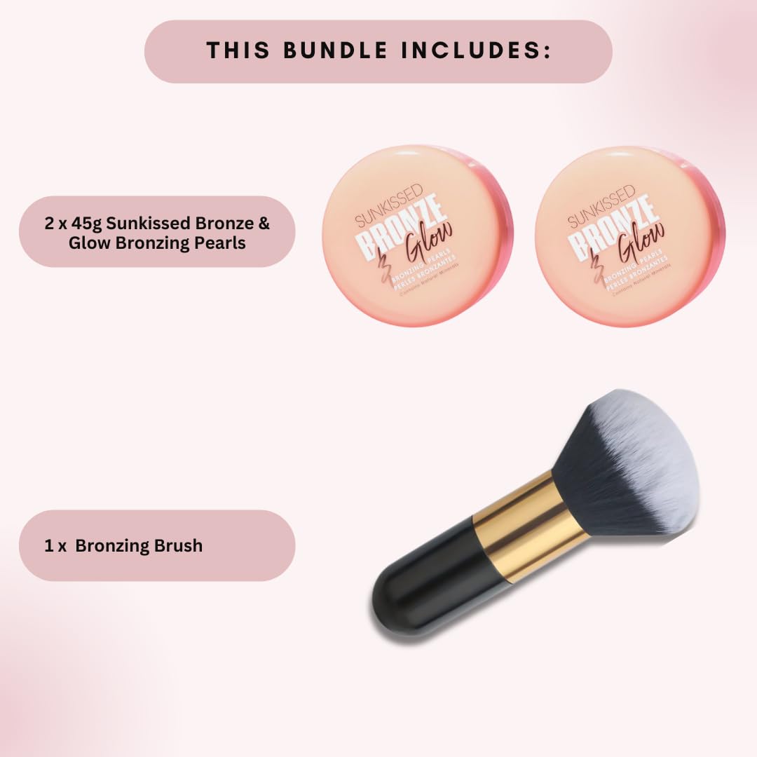 Sunkissed Bronze & Glow Makeup - Includes 2 x 45g Tubs of Sunkissed Bronze & Glow Bronzing Pearls and 1 Soft Bronzing Brush - Bronzer - Vegan-Friendly Makeup Bundle by Kevagh