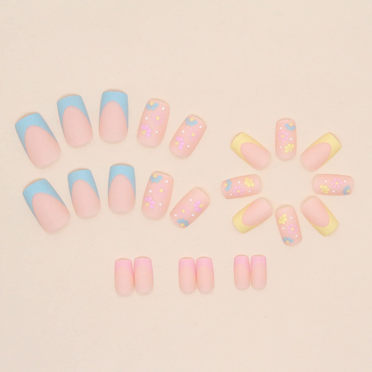 Ceboic 24Pcs Square False Nails Medium, Glossy Cute Flower French Press on Nails, Frosted Stick on Nails with Glue Stickers, Full Cover Artificial Fake Nails for Women Girls DIY Manicure Decoration