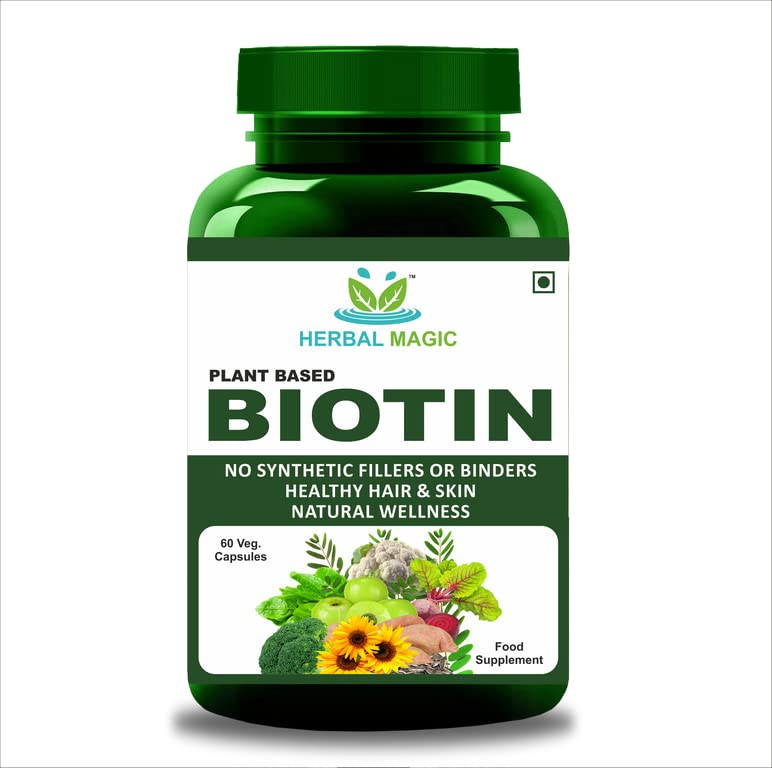 Herbal Magic's Pure & Natural Blend - Biotin x 60 Capsules - UKAS LAB Tested in UK (5000mcg in 2 caps) - Made from 14 x Fruits, Vegetables & Herbs - Free from fillers/Preservatives/Color/Maltodextrin