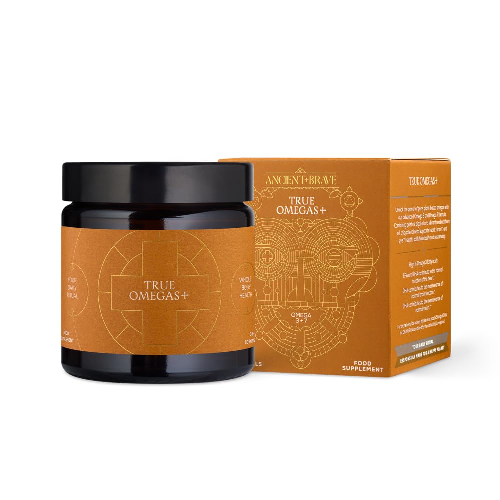 Ancient + Brave True Omegas+ 60 Capsules - Vegan Omega-3 Omega-7 - Nutrition Supplement – Plant Based Essential Fatty Acids for Vision Brain and Heart Health