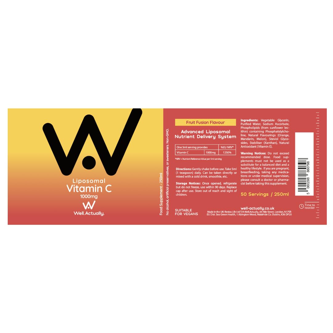 well actually WELL ACTUALLY Liposomal Vitamin C 1000mg - High Bioavailability Powerful Liquid Vitamin C Supplement - Supports Immunity, Skin, Brain, Joints, Energy - Vegan (250ml - 50 Servings)