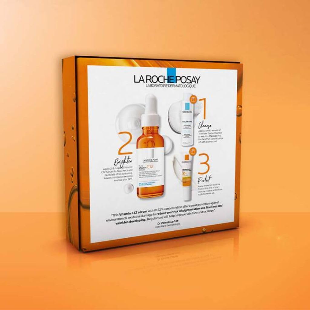 La Roche-Posay Brighten and Renewal Routine, Full-sized Vitamin C Brightening Serum, and Mini Toleriane Dermo-cleanser and Anthelios SPF50+, Kit Set