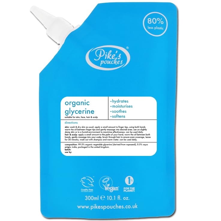 Pike's Pouches Organic Vegetable Glycerin for Skin, Hair & Face 300ml – 100% Pure Liquid Glycerine | Scalp Moisturiser for Dandruff | Suitable for Eczema & Acne | Natural Food Grade Glycerol Oil | Pikes Pouches