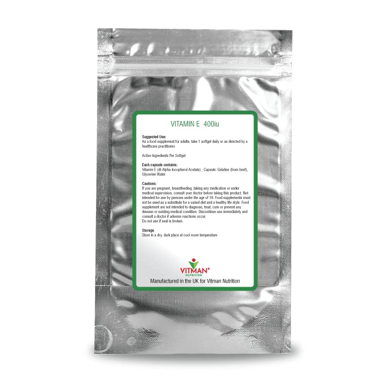 Vitamin E 400 IU, 120 Softgels 4 Month Supply, Natural Antioxidant Source Vitamin E, D-Alpha Tocopherol, High Potency and Absorption, Made for VitMan Nutrition (120)
