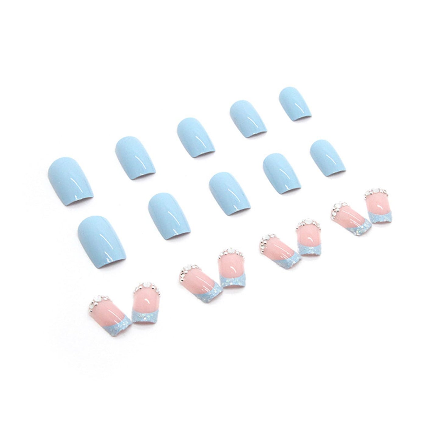 AVZXXKUF 24PCS French Square False Nails with Rhinestone Design Romantic and Elegant Medium Press on Nails Glossy Fake Nails Full Cover Acrylic Nails for Women or Girls