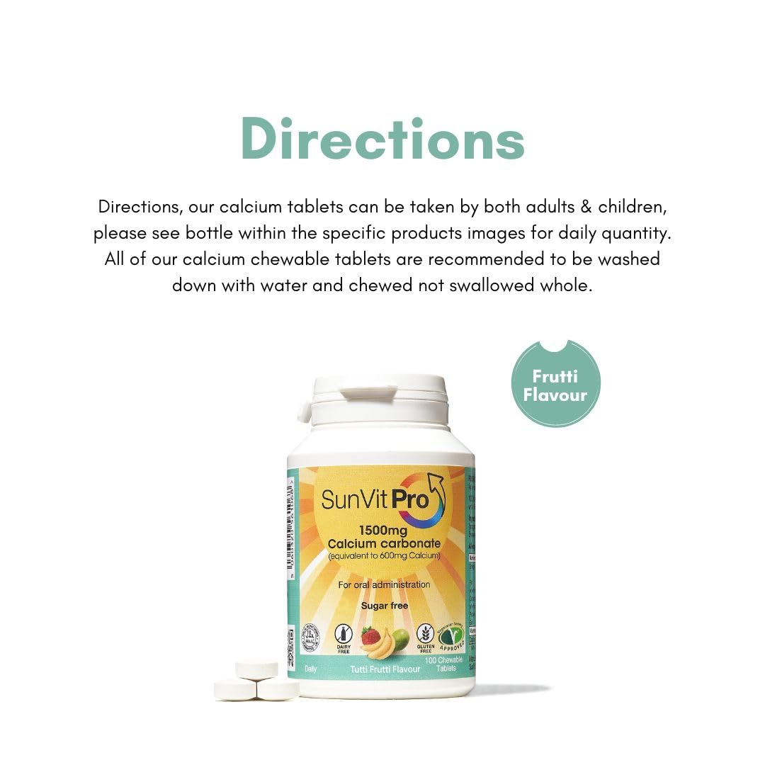 SunVit-Pro Calcium Only 600mg 100 Sugar Free, Daily Tutti Frutti Chewable Tablets