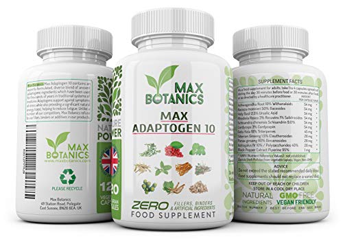 Max Adaptogen 10 | Ayurvedic Herbs | Ashwagandha, Bacopa, Holy Basil, Rhodiola Rosea, Schisandra, Cordyceps, Gotu Kola, Siberian & Panax Ginseng, Astragalus (120 Capsule Bottle)