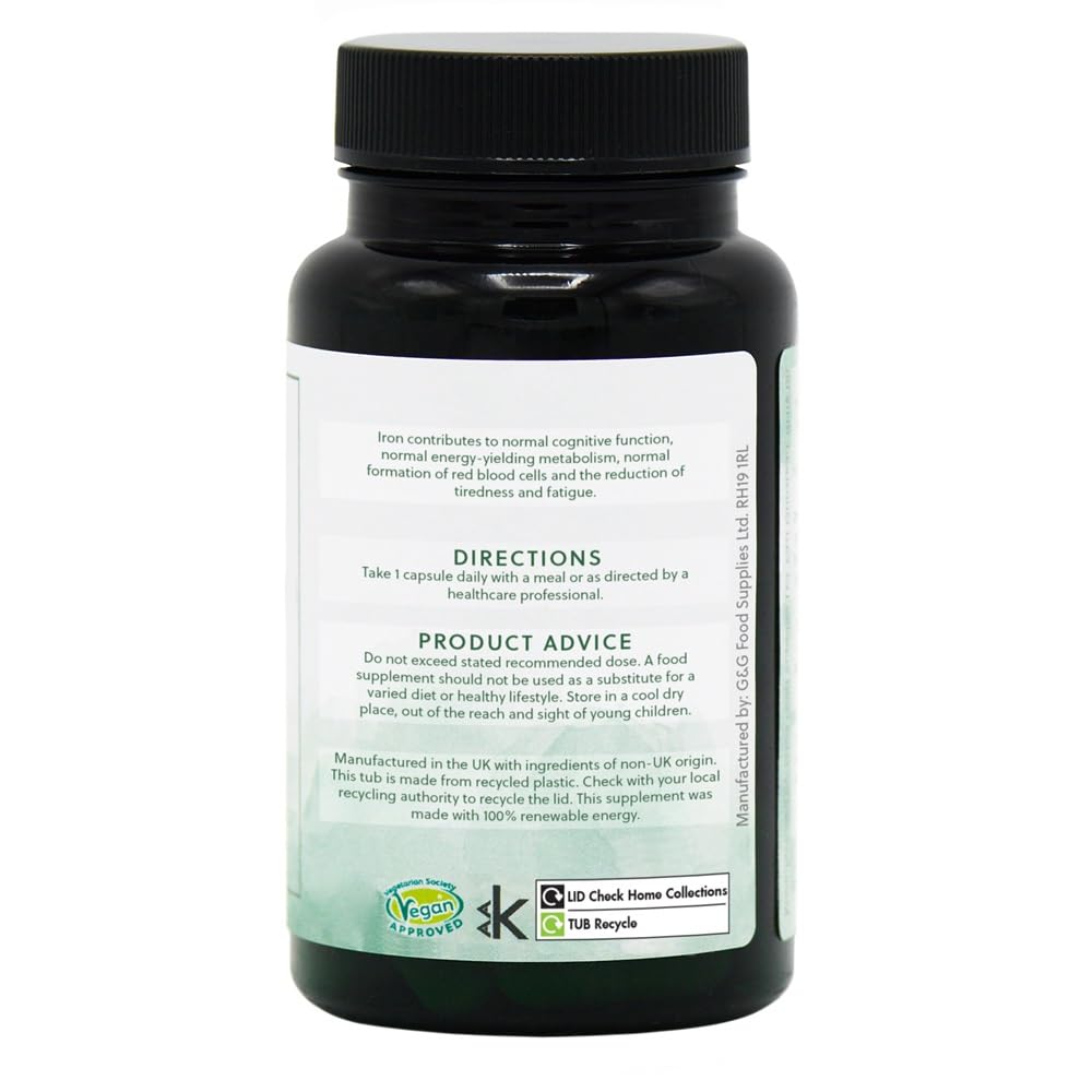 Iron Bisglycinate 20mg - Chelated for Better Absorption - with Vitamin C - 60 Vegan Capsules - Non-GMO, Made in The UK by G&G Vitamins