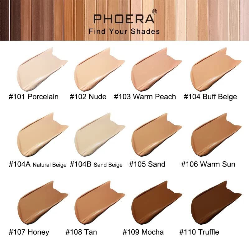 ONEKLIK Phoera Foundation Full Coverage Soft Matte Liquid Foundation Makeup Flawless Cream Smooth Waterproof Lightweight 24HR Long Lasting New Formula Tube Pack (104 Buff Beige)