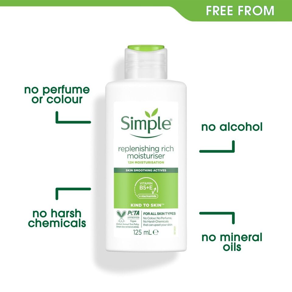 3 x 125mL | Simple Kind To Skin Replenishing Rich Moisturiser 125ml | 12 Hrs Moisturisation | For All Skin Types | 3 Pack