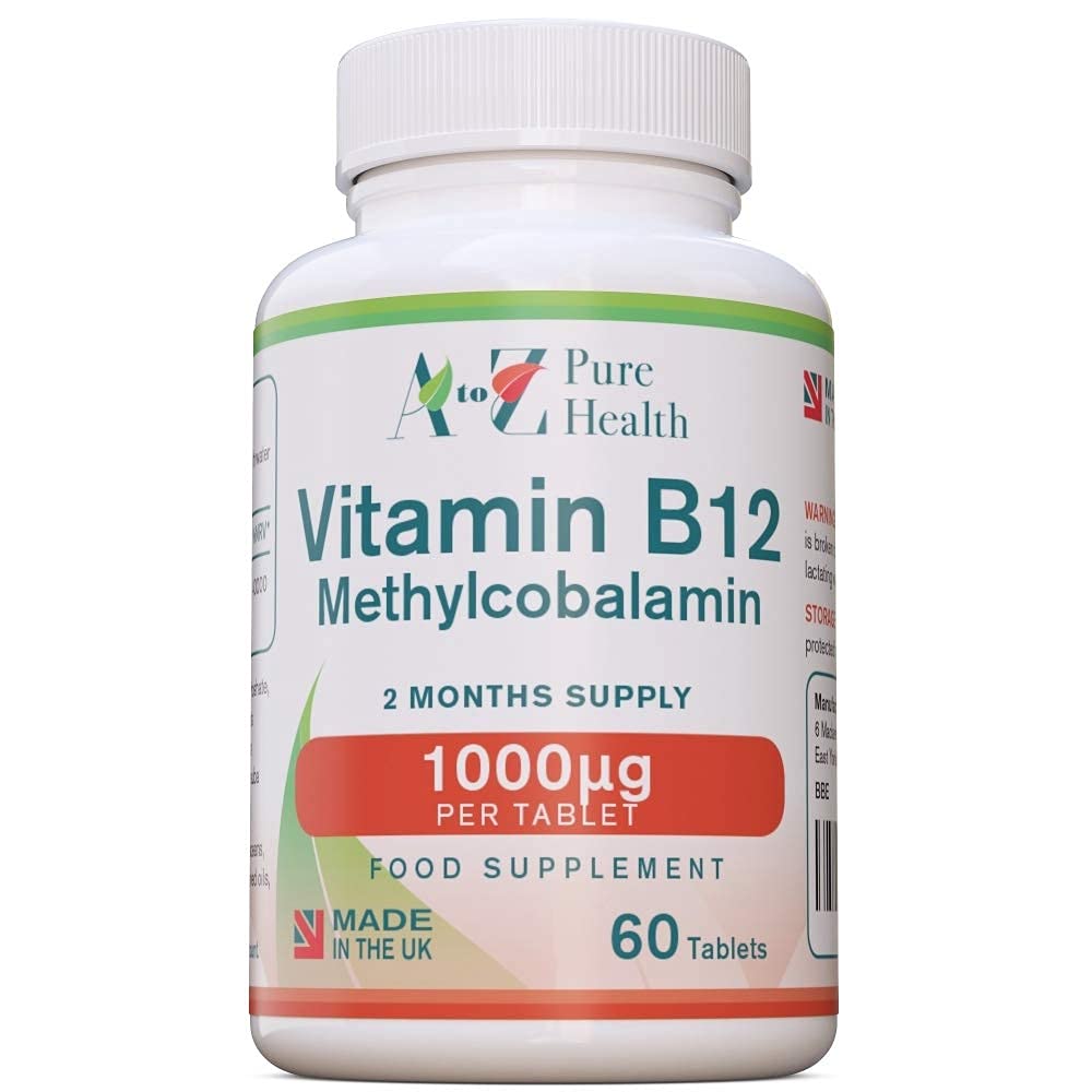 A to Z Pure Health Energy Supplement, Vitamin B12 Complex High Strength Vegan Tablets | 1000mcg 60 Tablets (2 Month's Supply) | Premium, High Strength B12 Methylcobalamin | Reduces Tiredness & Fatigue | UK Made