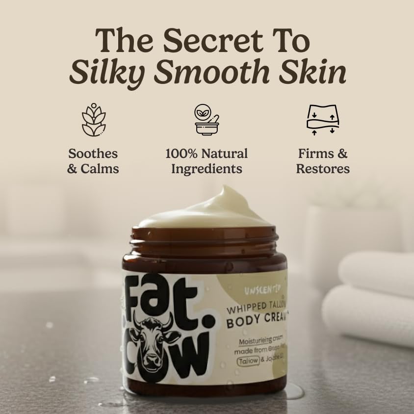 Fat Cow Skincare Beef Tallow Skin Care, Beef Tallow Moisturiser, Grass Fed & Whipped, Enriched with Jojoba Oil for Skin Hydration and Sensitive Skin, Eczema Relief, 120ml Unscented