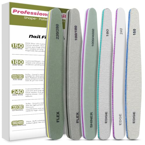 DERSHARA Professional Nail File Set Double Sided Grit 100/150/180/220/240/280/1000/4000 Buffer Emery Board Manicure Tools For Nail Grooming and Styling, Acrylic Gel Nail Buffer File Block Nail Polisher 6 Pcs