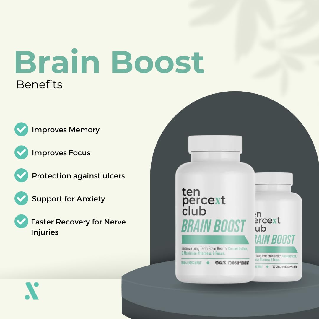 The Ten Percent Club - Brain Boost | Lions Mane Mushroom Complex Capsules for Enhanced Focus & Clarity | Nootropic Lions Mane Supplement for Cognitive Support | 90 Capsules