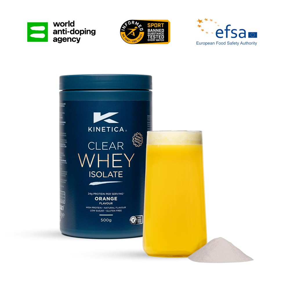 Kinetica Clear Whey Isolate | 500g | 24g Protein per serve | Naturally occuring Amino Acid Profile | 15 servings | Orange Flavour