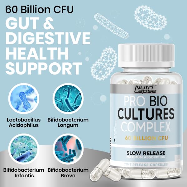 Nutri Lapse Nutrilapse™ Bio Culture Probiotics Complex, 60 Billion CFU, Granular Slow-Release Maximum absorbtion Capsules for Gut Health.