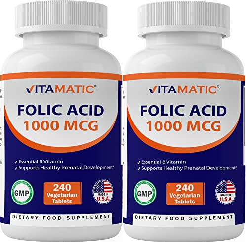 Vitamatic Folic Acid 1000 mcg (1 mg) - Vegetarian Tablets - 1667 mcg DFE - Vitamin B9 (240 Count (Pack of 2))