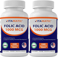 Vitamatic Folic Acid 1000 mcg (1 mg) - Vegetarian Tablets - 1667 mcg DFE - Vitamin B9 (240 Count (Pack of 2))